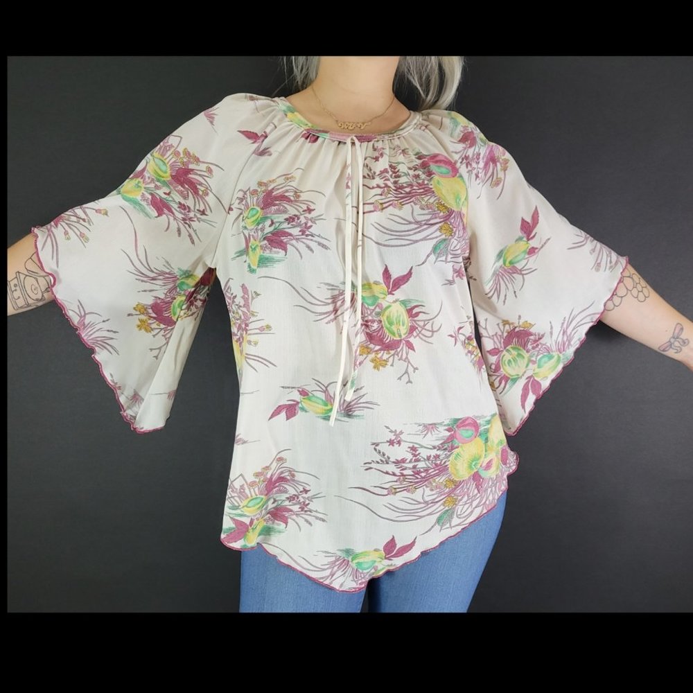 70s Fruit And Floral Angel Sleeve Top